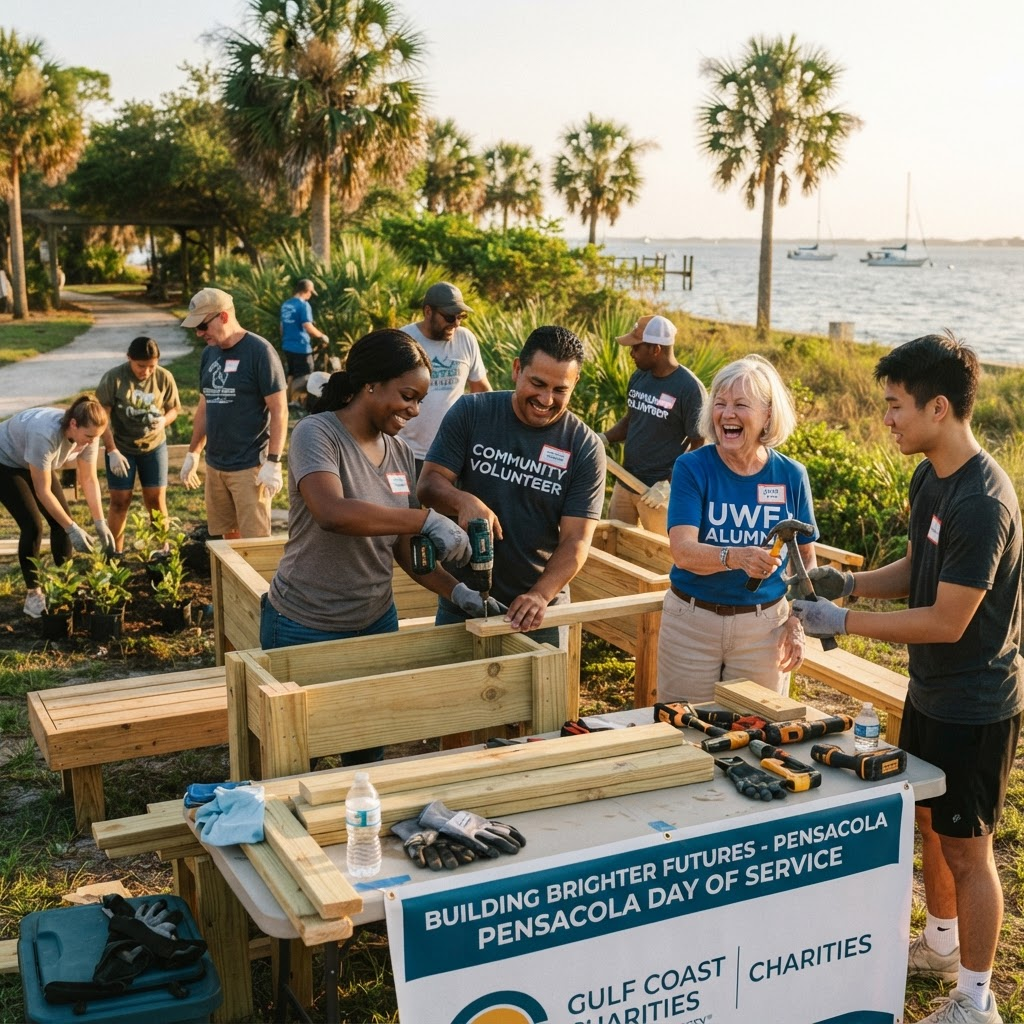 Volunteers and alumni working together at a Pensacola charity event